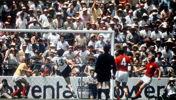 World Cup Quarter-Final, 1970 Leon, Mexico. England 2 v West Germany 3. 14th June, 1970. West Germany&#039;s Gerd Muller scores the winning goal past England goalkeeper Peter Bonetti in extra time to complete an historic comeback fom 2-0 down.