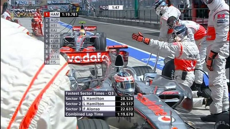 Fernando Alonso stopping Lewis Hamilton in the pits at the 2007 Hungarian GP