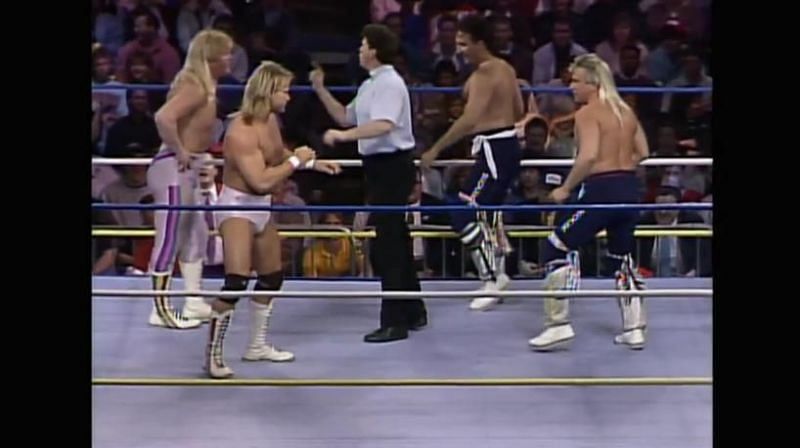 The Midnight Express (with Jim Cornette) prepare to do battle with the Rock and Roll Express.