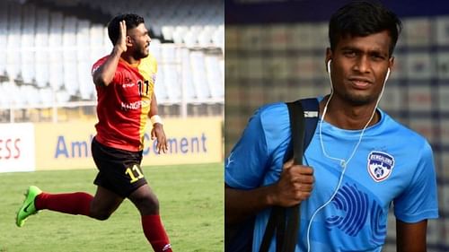 L - Gabriel Fernandes celebrates after scoring, R - Shankar Sampingiraj