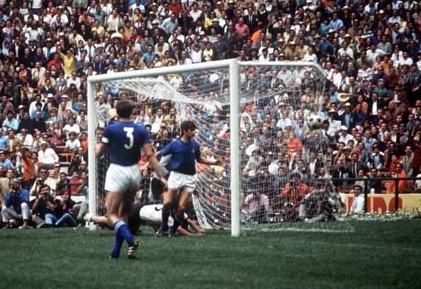 1970 World Cup Semi-Final, Mexico City, Mexico 17th June, 1970. Italy 4 v West Germany 3. West German striker Gerd Muller scores his team&#039;s third goal past Italian goalkeeper Enrico Albertosi to level the scores at 3-3 in extra time.