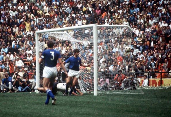 1970 World Cup Semi-Final, Mexico City, Mexico 17th June, 1970. Italy 4 v West Germany 3. West German striker Gerd Muller scores his team&#039;s third goal past Italian goalkeeper Enrico Albertosi to level the scores at 3-3 in extra time.