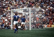 1970 World Cup Semi-Final, Mexico City, Mexico 17th June, 1970. Italy 4 v West Germany 3. West German striker Gerd Muller scores his team's third goal past Italian goalkeeper Enrico Albertosi to level the scores at 3-3 in extra time.