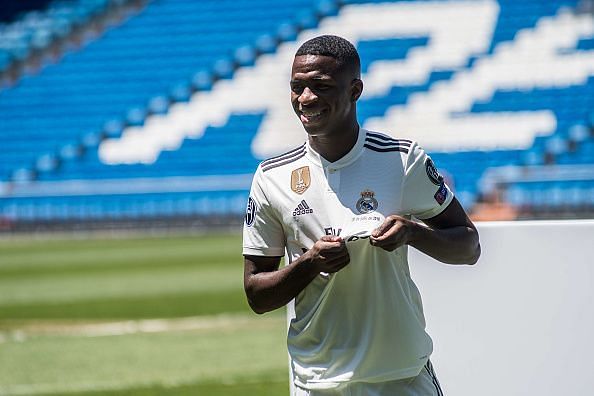 Real Madrid&#039;s new Brazilian forward Vinicius Junior during...