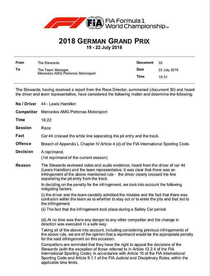 Hamilton only given reprimand