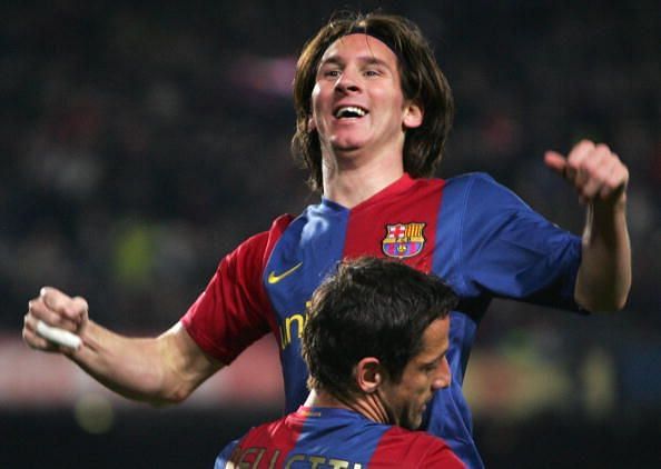 Barcelona&#039;s Argentinian Leo Messi celebr...