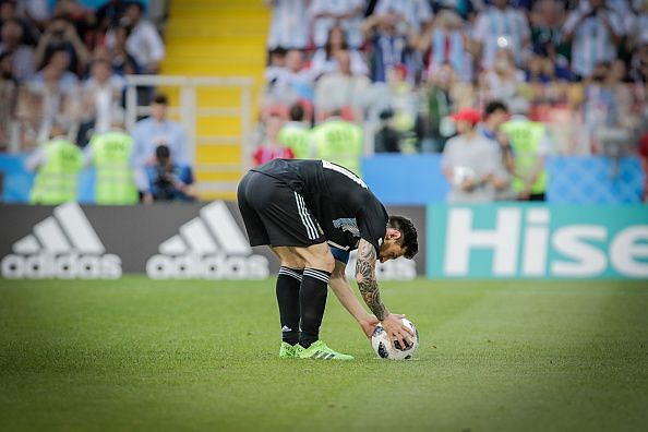 Messi misses a penalty during match between Argentina and...