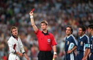 World Cup 1998 Finals, St. Etienne, France. 30th June, 1998. England 2 v Argentina 2 (Argentina win 4-3 on penalties). Referee Kim Milton Nielsen sends off England's David Beckham for kicking out at Diego Simeone.
