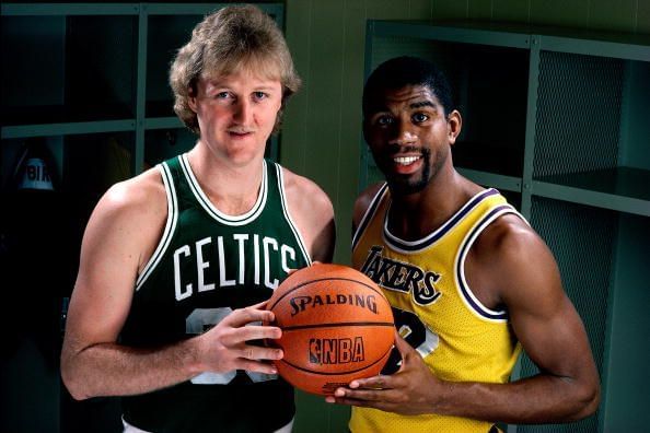 Larry Bird &amp; Magic Johnson pose for a portrait