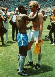 Probably the greatest football picture ever taken, this 1970 shot of Pele (left) and Bobby Moore exchanging shirts after England's defeat to Brazil, perfectly captures what football is, and what it should be. Credit: John Varley