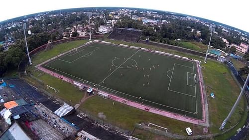 The Barasat Stadium was drenched by heavy rain today.