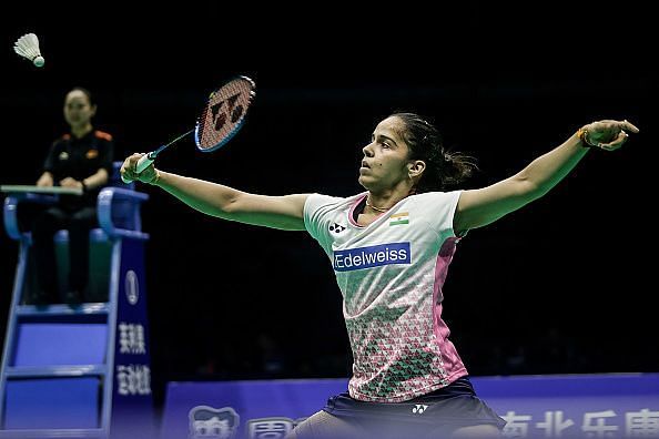  Saina Nehwal hits a return during singles Semi final match against Tai Tzu Ying at the 2018 Badminton Asia Championships