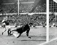 World Cup Final, 1966. 30th July, 1966. Wembley Stadium, England. England 4 v West Germany 2. England's controversial third goal scored by Geoff Hurst in the first half of extra time. German goalkeeper Hans Tilkowski dives for the ball after it had hit th