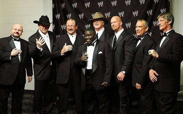 From left to right: Howard Finkel, Dory Funk Jr., Terry Funk, Koko B.Ware, &#039;Cowboy&#039; Bill Watts, Steve Austin, Ricky Steamboat and Kevin Von Erich