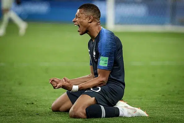 Kylian Mbappe of France celebrates for qualifying the final...