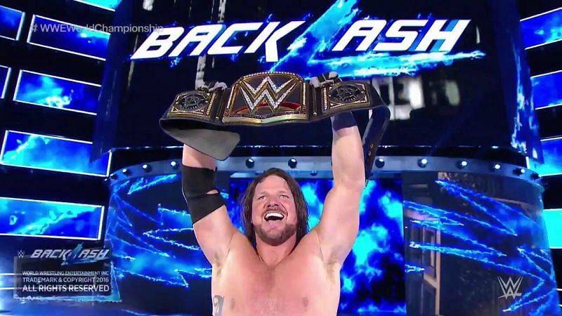 AJ Styles celebrating his historic WWE Title win 