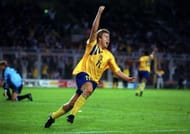Sport, Football, pic: 17th June 1992, European Championship in Stockholm, Sweden 2 v England 0, Sweden's Thomas Brolin turns to celebrate after scoring the 2nd goal