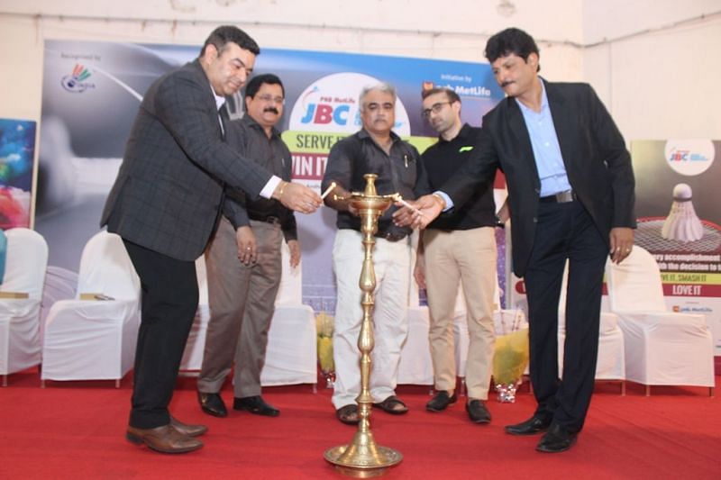 Guests lighting the lamp and inaugurating the fourth edition of PNB MetLife Junior Badminton Championship (L-R) - Sarang Cheema, Deputy Director &ndash; Ethics &amp; Compliance,  Vishwajit Bhatnaghar, Secretary of Mumbai suburban district badminton association, Uday Pawar, former International badminton player and current coach at Uday Pawar Badminton Academy, Anand Pawar, former International badminton player and coach and Mr. Godambe, Head &ndash; Andheri Sports Complex