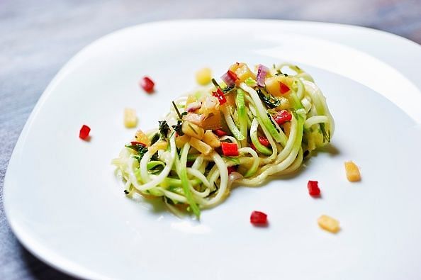 Zucchini Spaghetti in Hawaian Sauce - Onions. Pepper. Pineapple and Ginger