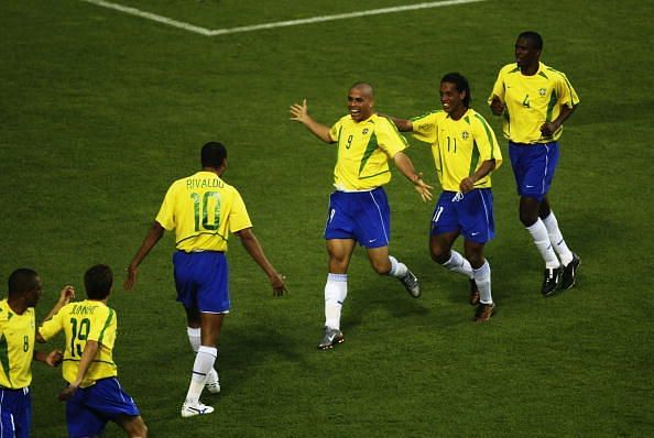 Ronaldo of Brazil celebrates