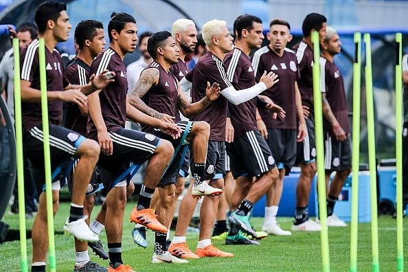 Team Mexico in training ahead of 2018 FIFA World Cup Round of 16 match against Brazil