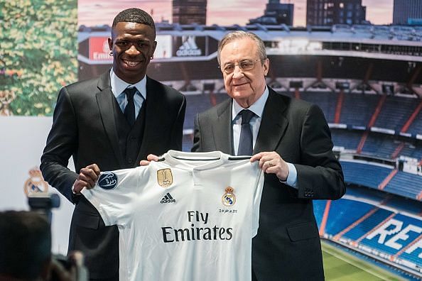 Real Madrid&#039;s new Brazilian forward Vinicius and president...
