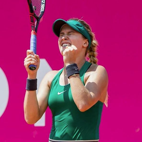 Eugenie Bouchard celebrates her second straight win at the Ladies Championship Gstaad