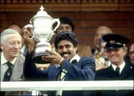Kapil Dev with the World Cup winner's trophy