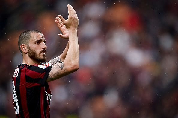 Leonardo Bonucci of AC Milan greets the supporters at the...
