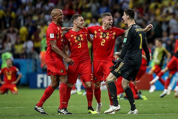 Belgian team celebrate after match between Brazil and...