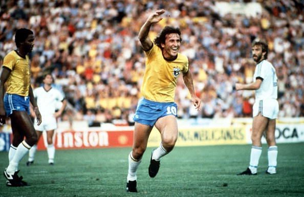 1982 World Cup Finals. Seville, Spain. 23rd June, 1982. Brazil 4 v New Zealand 0. Brazil&#039;s Zico (10) celebrates after scoring the first goal.