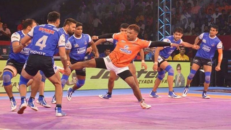 Rajesh Mondal using one of his trademark kicks, is the 2nd highest when it comes to do or die raids after Ajay Thakur.