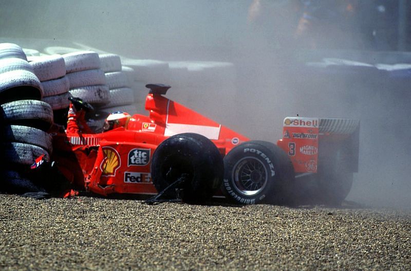 Schumacher crashes into tire wall