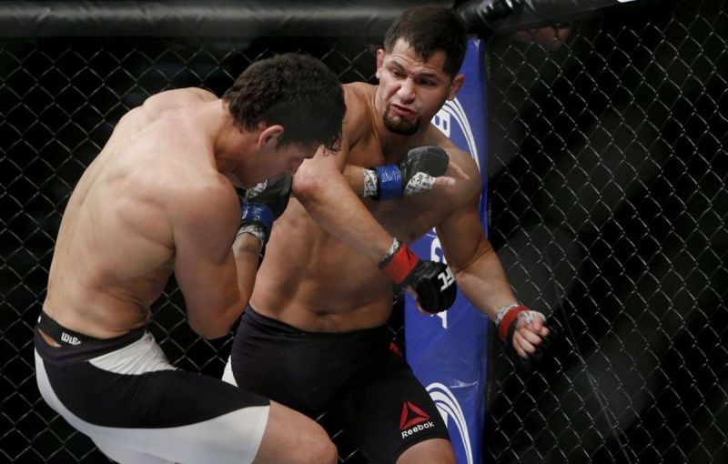 Jorge Masvidal (right) scored a beautiful elbow KO of Cezar Ferreira back in 2015