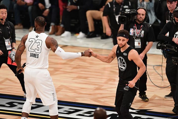 Steph Curry and Lebron James at the NBA All-Star Game 2018