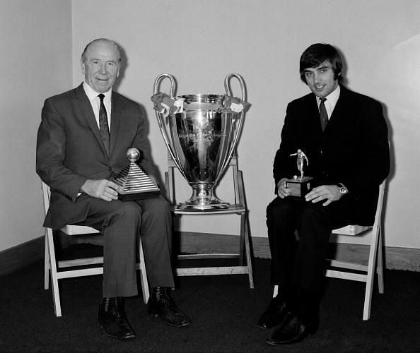 Football. 1968. Manchester United manager Matt Busby ( with his Manager of the Year Award) and star player George Best ( with his Footballer of the Year Award) sit with the European Cup trophy.