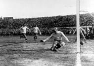 World Cup Final, 1930, Montevideo, Uruguay. Uruguay 4 v Argentina 2. Uruguay's Pablo Dorado (out of picture) beats Argentina's goalkeeper Juan Botasso to score the first goal of the match after 12 minutes.