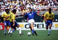 1994 World Cup Final. Pasadena, USA. 17th July, 1994. Brazil 0 v Italy 0. (Brazil won 3-2 on penalties). Italy's Nicola Berti challenged by Brazil's Dunga