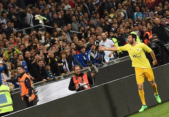 Gianluigi Buffon throw his  gloves to supporters during the...