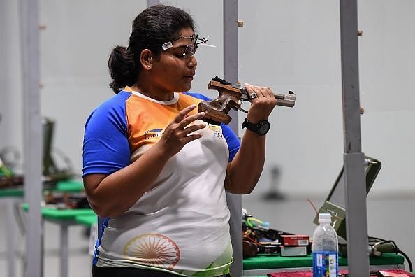 Rahi Jeevan Sarnobat competes during the women&#039;s 25m pistol shooting final during the 2018 Asian Games