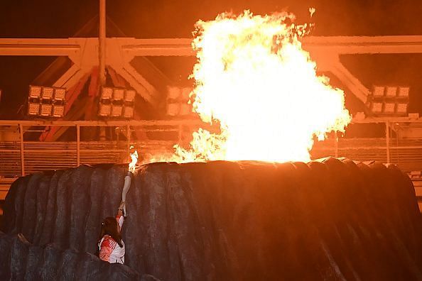 The torch was lit by ex-Indonesian athlete Lucia Susanti