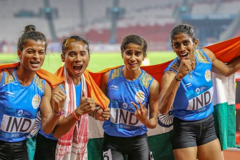 The jubilant Indian Women&#039;s 4x400m Relay Team after their gold medal win