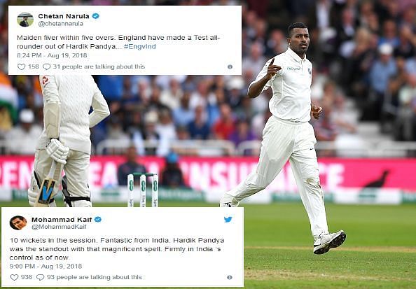 Hardik Pandya&#039;s took five wickets in his first five oversEnter caption