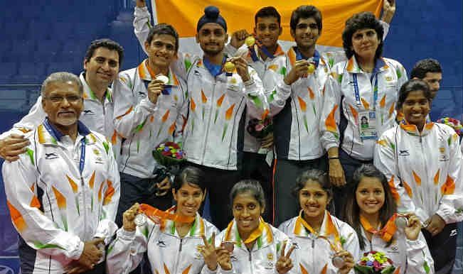 The Indian squash team pose after the 2014 Asian Games