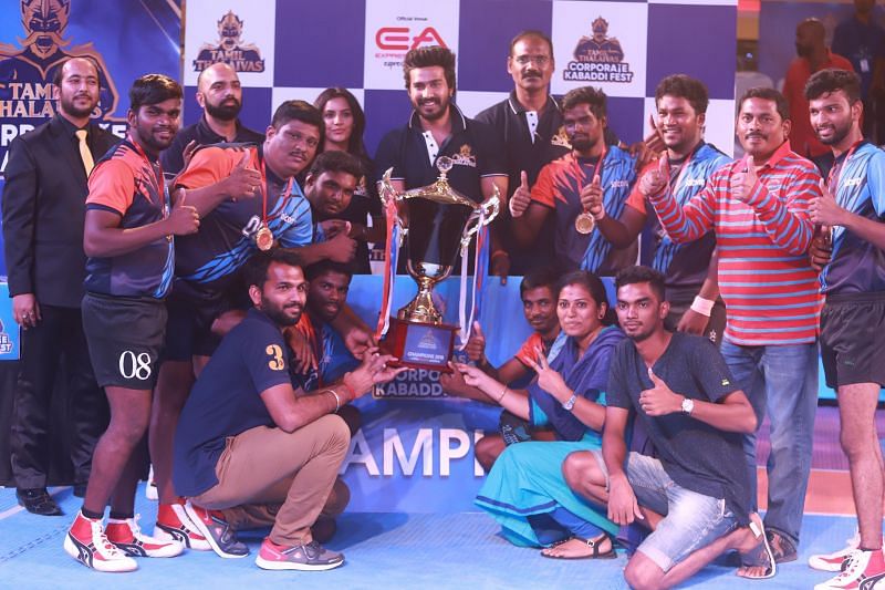 Enter captionWinners of the men's championship at the Tamil Thalaivas Corporate Kabaddi Fest, Salcomp, with the Chief Motivating Officers, Vishnu Vishal and Priya Anand