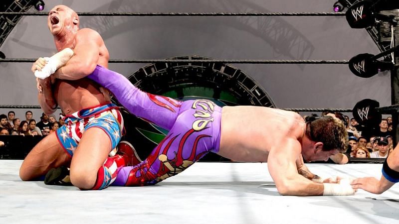Kurt Angle locked in the Ankle Lock on Eddie Guerrero