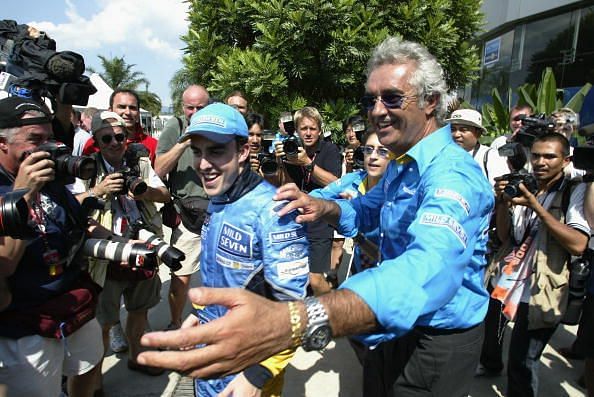Fernando Alonso and Flavio Briatore celebrate