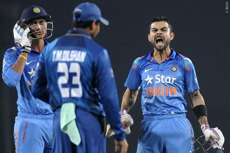 Kohli jubiliant after winning the match for India. He played a crucial stand with Axar Patel in the last seven overs
