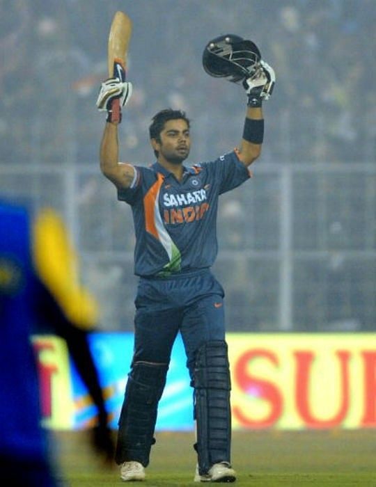 Kohli celebrating his first ODI century vs Sri Lanka at Eden Gardens, Kolkata on 24 December 2009.