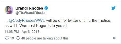 Cody&#039;s wife, Brandi tweet after Wrestlemania 29 which hints at Cody&#039;s disappointment with being bumped off Wrestlemania 29 card